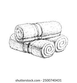 Vector hand-drawn illustration of rolled towels isolated on white. Black and white sketch of bath accessories in engraving style.