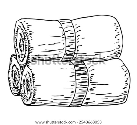 Vector hand-drawn illustration of rolled towels isolated on white. Health towel therapy spa vector sketch.  Black and white sketch of bath accessories in engraving style. 