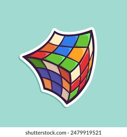 Vector dibujado a mano ilustración del cubo de Rubik aislado en blanco. Populares rompecabezas de juguete de los años 80 para el diseño de pegatinas.