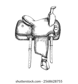 Vector hand-drawn illustration of saddle. Black and white sketch of horse equipment. Western symbol.