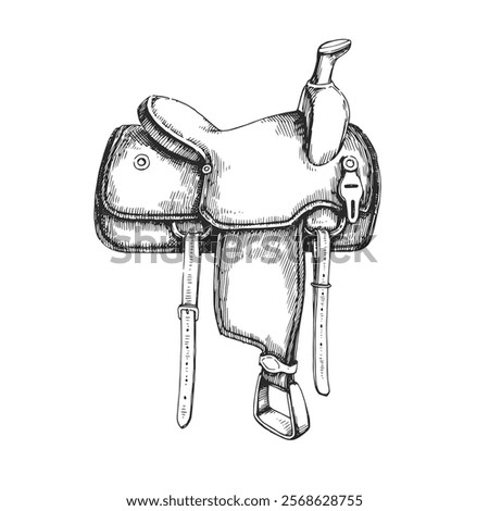 Vector hand-drawn illustration of saddle. Black and white sketch of horse equipment. Western symbol.