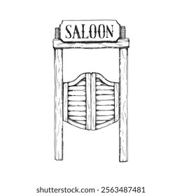 Vector hand-drawn illustration of Saloon doors. Black and white sketch of western symbol. Wild West aesthetic.