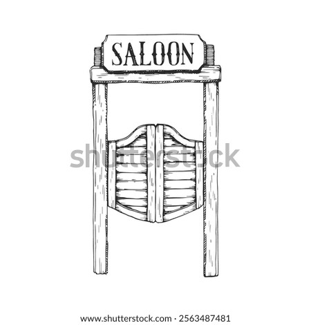 Vector hand-drawn illustration of Saloon doors. Black and white sketch of western symbol. Wild West aesthetic.