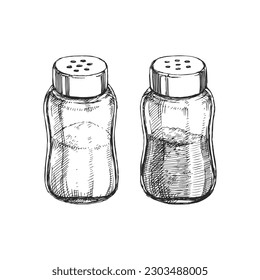 Vector hand-drawn illustration of salt and pepper shakers isolated on white. Sketch of glass jars with spices in engraving style.