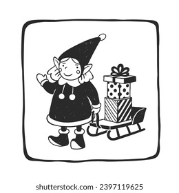 Vector hand-drawn illustration with Santa's little elf carrying gifts on a sled in linocut style. Black and white sketch with a New Year's symbol for creating a stamp.