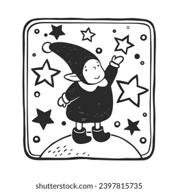 Vector hand-drawn illustration of Santa's little elf catching a star in linocut style. Black and white sketch with a New Year's symbol for creating a stamp.