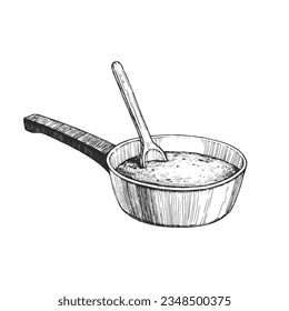 Vector hand-drawn illustration of the sauce cooking process. The stage of stirring the dish in engraving style.