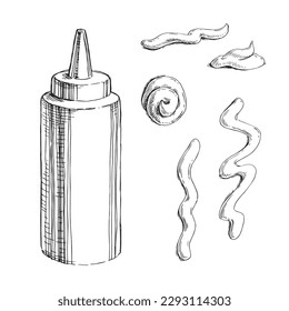 Vector hand-drawn illustration of sauce, isolated on a white background. Sketch of a bottle with ketchup, mustard or mayonnaise and squeezed splashes of different shapes.
