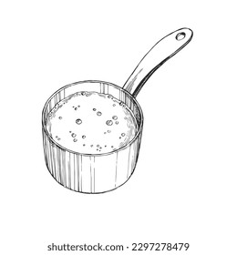 Vector hand-drawn illustration of a saucepan with boiling sauce. Sketch of the cooking process.