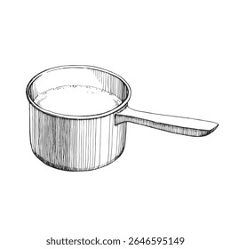 Vector hand-drawn illustration of a saucepan with milk. Sketch of the process of cooking.