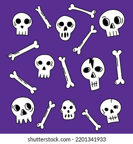 Vector hand-drawn illustration. A set of cartoon skulls and bones.