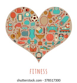 Vector handdrawn  illustration set of fitness and sport elements and symbol in doodle style. Healthy lifestyle background made of sport icons in heart shape