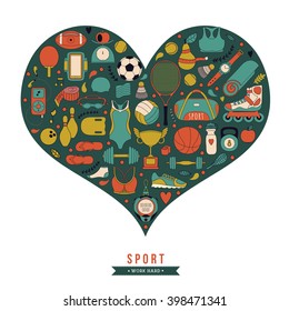 Vector handdrawn  illustration set of fitness and sport elements and symbol in doodle style. Healthy lifestyle background made of sport icons in heart shape
