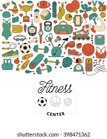 Vector handdrawn  illustration set of fitness and sport elements in doodle style. Healthy lifestyle background made of sport icons 