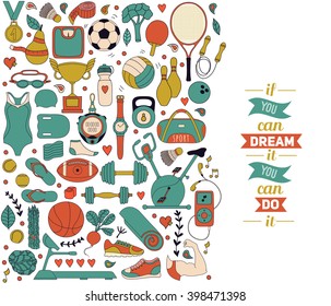 Vector handdrawn  illustration set of fitness and sport elements in doodle style. Healthy lifestyle background made of sport icons 