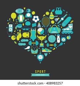 Vector handdrawn  illustration set of fitness and sport elements in doodle style. Healthy lifestyle background made of sport icons 