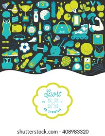 Vector handdrawn  illustration set of fitness and sport elements in doodle style. Healthy lifestyle background made of sport icons 