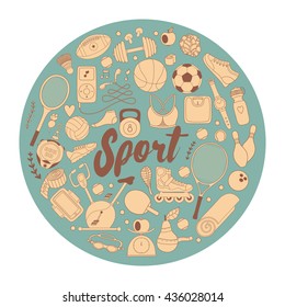 Vector handdrawn  illustration set of fitness and sport elements in doodle style. Healthy lifestyle background made of sport icons 