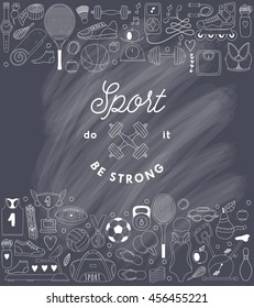 Vector handdrawn  illustration set of fitness and sport elements in doodle style. Healthy lifestyle background made of sport icons 