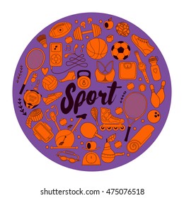 Vector handdrawn  illustration set of fitness and sport elements in doodle style. Healthy lifestyle background made of sport icons 