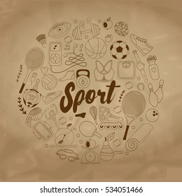 Vector handdrawn  illustration set of fitness and sport elements in doodle style. Healthy lifestyle background made of sport icons 