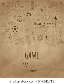 Vector handdrawn  illustration set of fitness and sport elements in doodle style. Healthy lifestyle background made of sport icons 