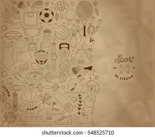 Vector handdrawn  illustration set of fitness and sport elements in doodle style. Healthy lifestyle background made of sport icons 