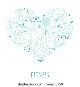 Vector handdrawn  illustration set of fitness and sport elements and symbol in doodle style. Healthy lifestyle background made of sport icons in heart shape