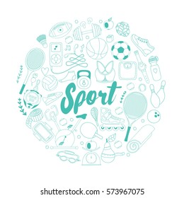 Vector handdrawn  illustration set of fitness and sport elements in doodle style. Healthy lifestyle background made of sport icons 