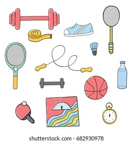 Vector handdrawn illustration set of fitness and sport elements.Colorful fitness illustration