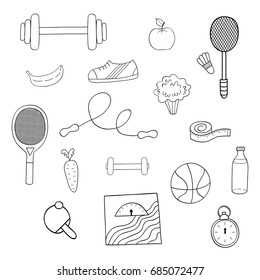 Vector handdrawn illustration set of fitness and sport elements,fruits and vegetables.White and black fitness illustration.Coloring book