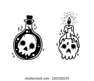 Vector hand-drawn illustration. Set of isolated clipart of cartoon black and white skulls: a candlestick-skull, a skull in a flask.