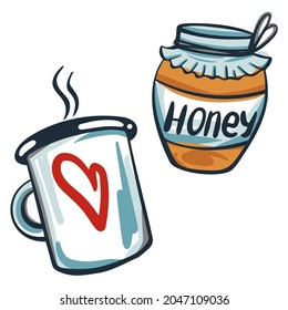 Vector hand-drawn illustration. Вoodle set of mug and jar of honey. Idea for icons, illustrations, pattern, backgrounds and stickers.