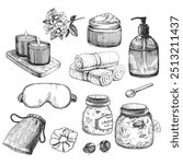 Vector hand-drawn illustration of a set of spa accessories in the style of engraving. Sketch of candles, jars of scrub and bath salt, towels, sleep mask, scrunchie and bag isolated on white.