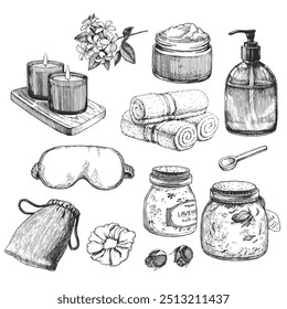 Vector hand-drawn illustration of a set of spa accessories in the style of engraving. Sketch of candles, jars of scrub and bath salt, towels, sleep mask, scrunchie and bag isolated on white.