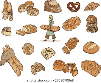 Vector hand-drawn illustration set of various bakery products and a woman carrying a large French baguette. Organic bread collection: croissants, pretzels, sliced loaf, and buns isolated on white background.