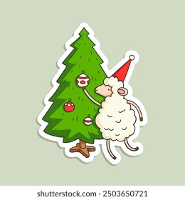 Vector hand-drawn illustration of  of a sheep decorating a Christmas tree. Sticker with New Year cute animal character in cartoon style.