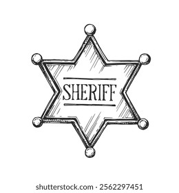 Handgezeichnete Vektorgrafik des Ausweises des Sheriffs. Schwarz-weiße Skizze des westlichen Symbols.  
