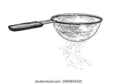 Vector hand-drawn illustration of sieve isolated on white. Sketch of process of sifting flour through a sieve.