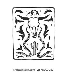 Vector hand-drawn illustration with skull bull and snakes. Nature of American desert. Linocut with wild west symbols.