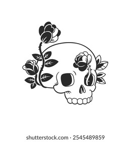 Vector hand-drawn illustration of skull with flowers isolated on white. Black and white sticker with symbol of death.
