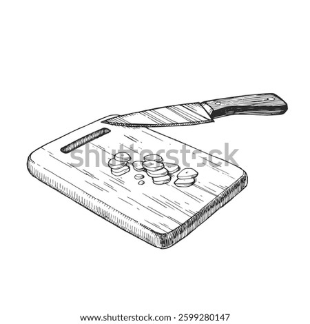 Vector hand-drawn illustration of sliced garlic on a wooden board. Black and white sketch of chopped vegetables. Cooking ingredient.