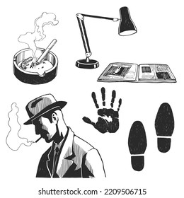 Vector hand-drawn illustration with a smoking man in a hat, whose face is in shadow. Graphic sketch elements for design on the theme of a private detective. Investigation of a crime.