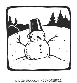 Vector hand-drawn illustration of a snowman. Black and white sketch with New Year symbol.