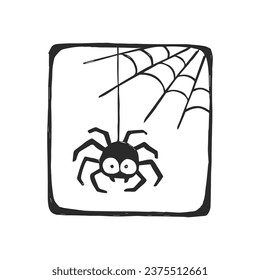 Vector hand-drawn illustration of spider with web in linocut style. Stamp with Halloween symbol.