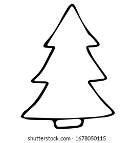 Vector hand-drawn illustration of a spruce tree on an isolated white background, black outline. 