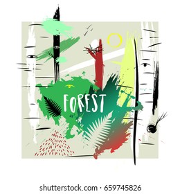 Vector hand-drawn illustration. Square abstract trendy composition of smears on theme of  forest. Concept for poster, print, advertising, touristic brochure, t-shirt.