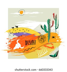 Vector hand-drawn illustration. Square abstract trendy composition of smears on theme of desert . Concept for poster, print, advertising, touristic brochure, t-shirt.