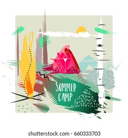 Vector hand-drawn illustration. Square abstract trendy composition of smears on theme of campground in forest. Concept for poster, print, advertising, touristic brochure, t-shirt.