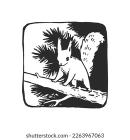 Vector hand-drawn illustration of squirrel on branch in lino cut style. Sketch of wild forest animal for biological design.